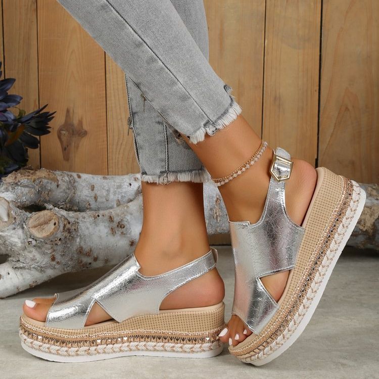 Anne – Sandalias brillantes para mujer con diseño de agujeros y punta de boca de pez