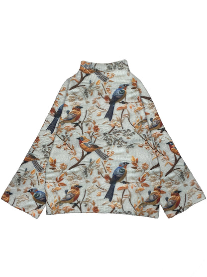 Damegenser med fugleprint og høy krage – Elegant høst/vinter-look
