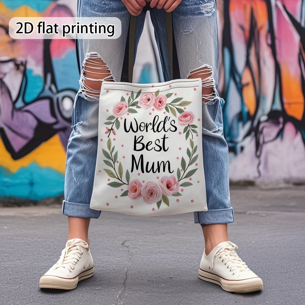 Damen Shopper Tasche – Stilvolle Tragetasche mit Blumenkranz und Aufschrift 'World's Best Mum' – Perfektes Geschenk für Mütter