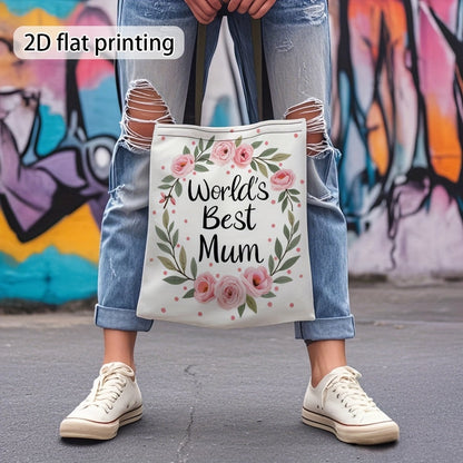Damen Shopper Tasche – Stilvolle Tragetasche mit Blumenkranz und Aufschrift 'World's Best Mum' – Perfektes Geschenk für Mütter