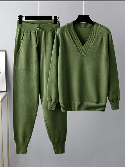 Set da donna in maglia con pullover con scollo a V e pantaloni da jogging