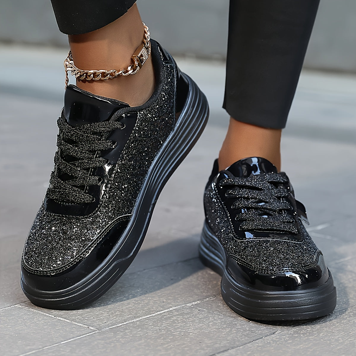 Dame Sneakers med Glimmer Plateau Fritid Trendy Sporty