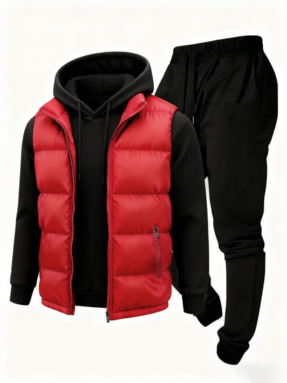 Herren Jogginganzug Set mit Hoodie, Hose und Weste, Schwarz