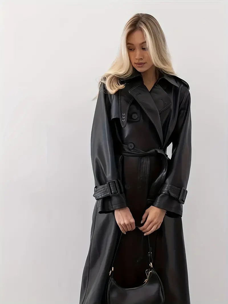 Trench-coat long pour femme – Manteau tendance avec ceinture à la taille et revers, idéal pour l'automne et l'hiver