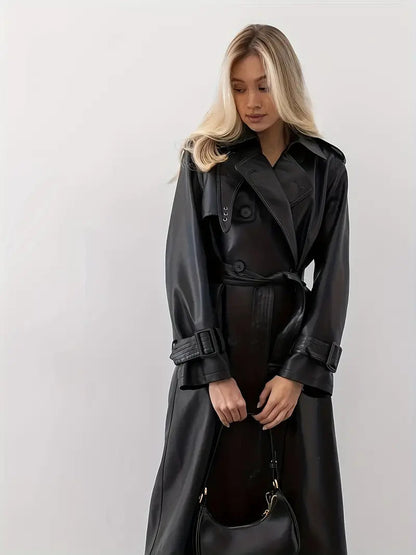 Trench-coat long pour femme – Manteau tendance avec ceinture à la taille et revers, idéal pour l'automne et l'hiver
