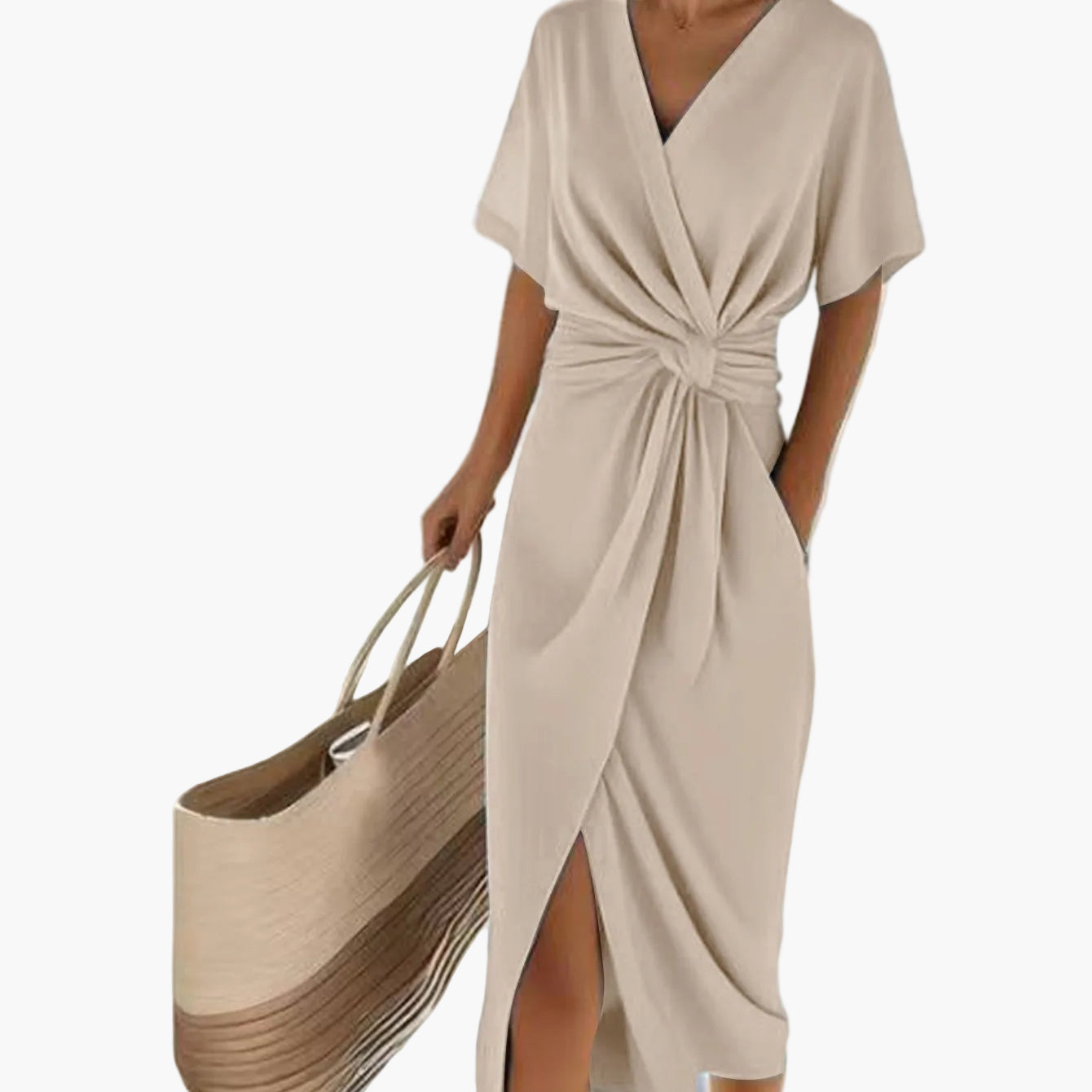 Damen Vintage Wickelkleid mit Knoten-Detail und V-Ausschnitt – Elegantes Sommerkleid für Urlaub und Freizeit