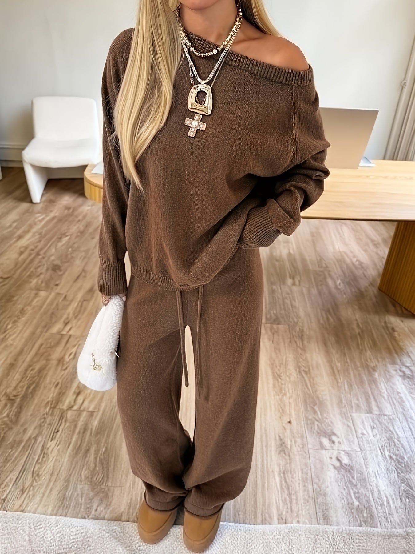 Damen Strick-Loungewear Set Braun mit weitem Bein
