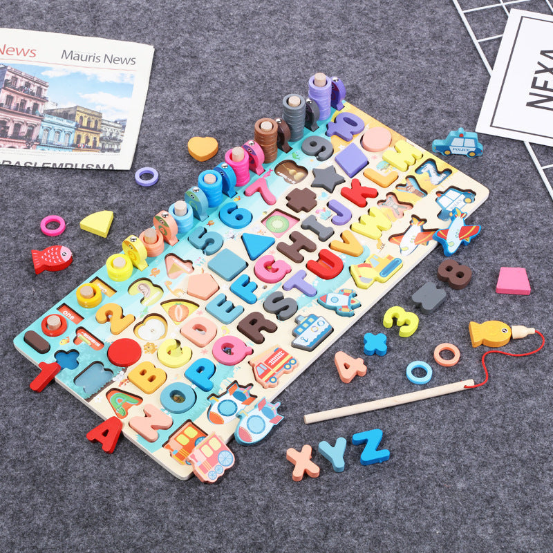 Kinder educatief speelgoed houten puzzel alfabet, cijfers & vormen – Pedagogisch stekspel voor jongens en meisjes