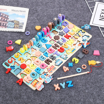 Kinder educatief speelgoed houten puzzel alfabet, cijfers & vormen – Pedagogisch stekspel voor jongens en meisjes