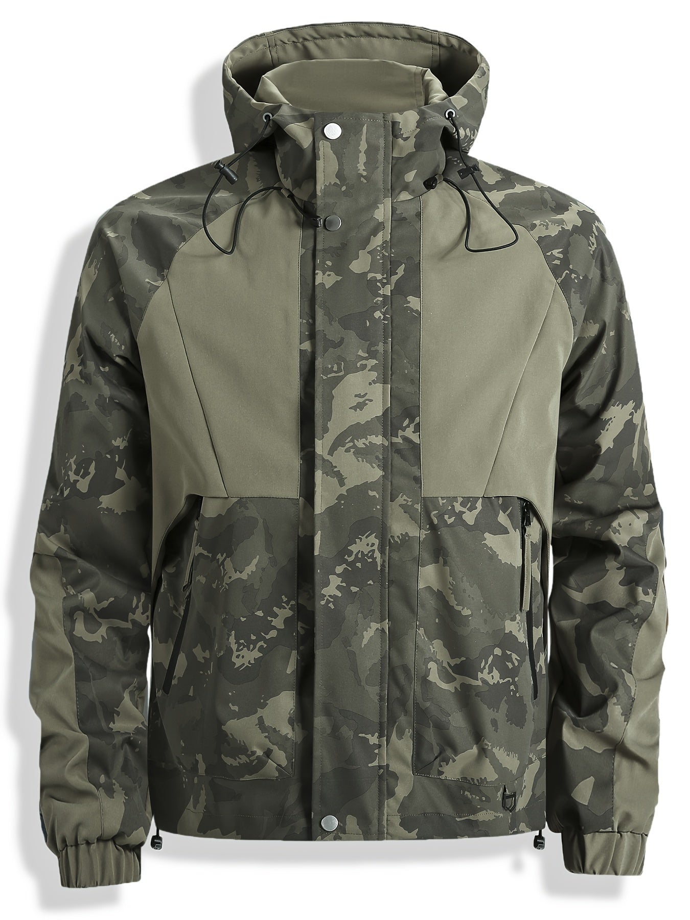 Chaqueta unisex para exteriores, camuflaje verde, con capucha y cremallera