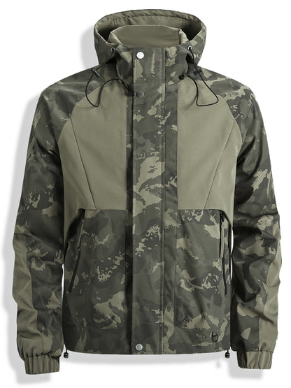 Chaqueta unisex para exteriores, camuflaje verde, con capucha y cremallera