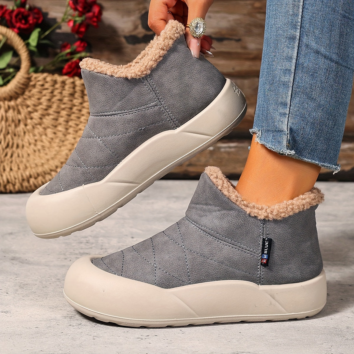 Gefütterte Stiefeletten Damen Winterstiefel Warm Komfortabel mit Profilsohle Grau