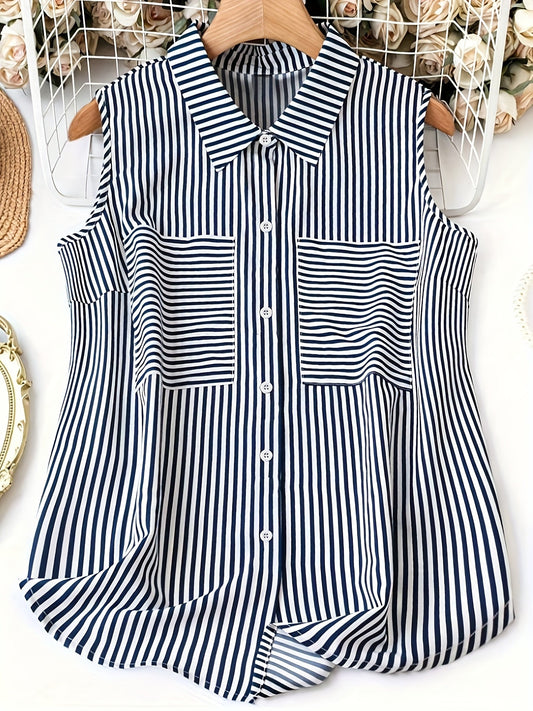 Blusa sin mangas para mujer con estampado de rayas y bolsillos en el pecho – Look veraniego elegante para oficina y tiempo libre