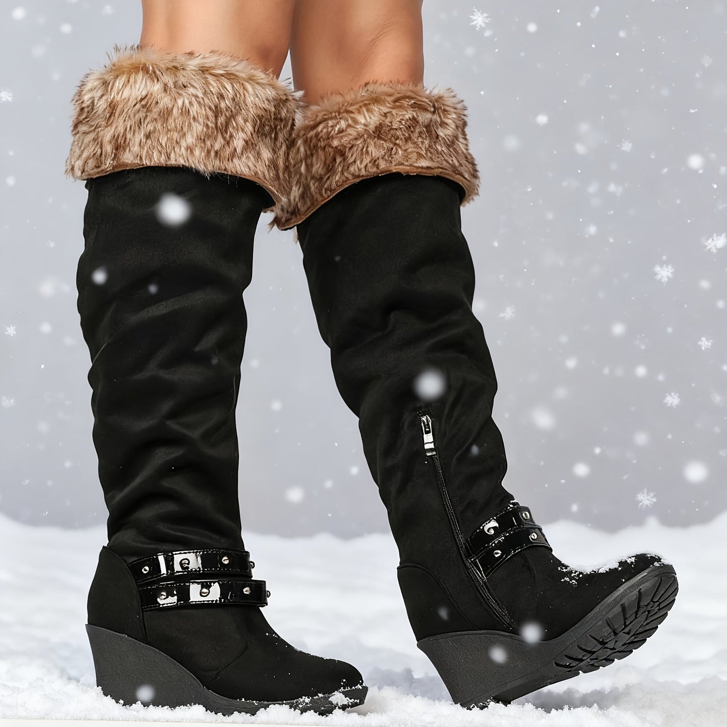 Damen Winterstiefel mit Keilabsatz & Fellbesatz, Schwarz oder Beige