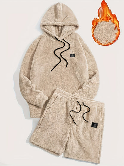 Unisex teddyfleece hoodie- en shortset met capuchon en trekkoord
