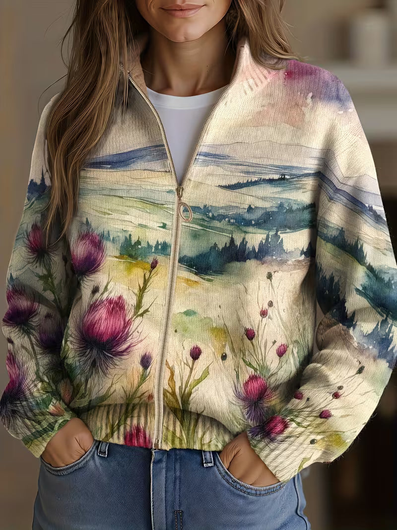 Zelda | Vest voor dames met aquarelprint van landschap en distels