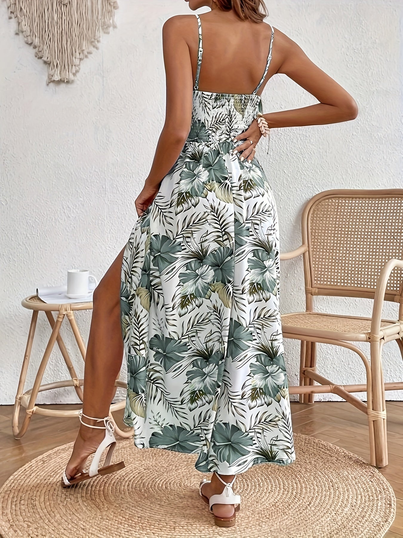 Damen Maxikleid Elegant mit Blumenmuster und Schlitz für Sommer und Urlaub