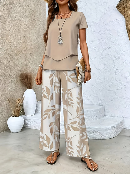 Damen Elegantes Sommer-Set mit Kurzarm-Shirt und weiter Hose, Freizeit-Outfit, Modernes Muster
