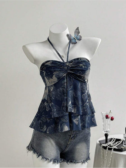 Dame halterneck volant top med hjerteprint – romantisk sommer peplum top til fritid og udgang