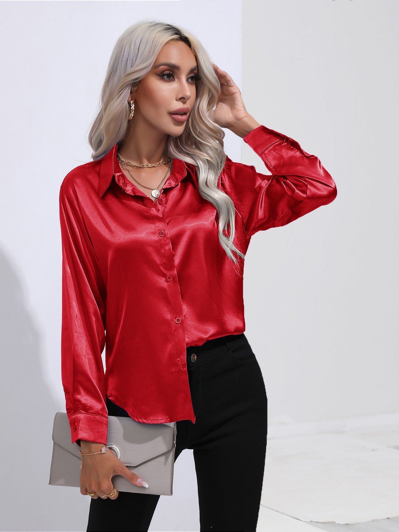 Damen Satinbluse im Cardigan-Stil – Elegante Bluse für Büro, Alltag & Feste
