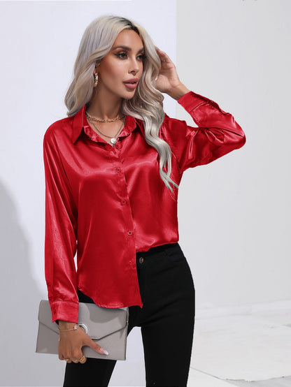 Damen Satinbluse im Cardigan-Stil – Elegante Bluse für Büro, Alltag & Feste