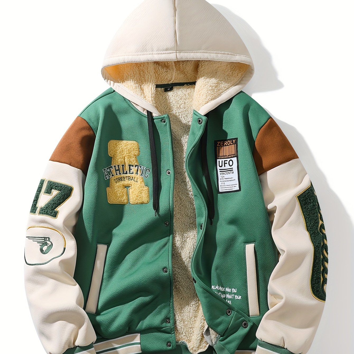 Unisex College Jacke Winter Grün Beige Braun mit Kapuze und Sherpa-Futter