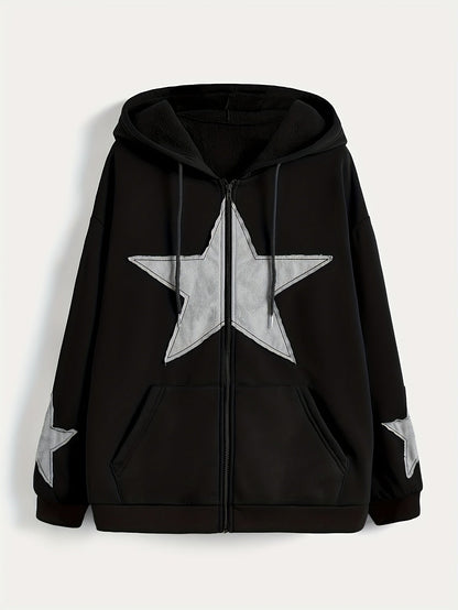 Kapuzenjacke mit Reißverschluss und Sternapplikationen – Lässiger Unisex Hoodie