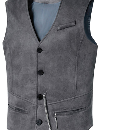 Herren Weste mit V-Ausschnitt, Knöpfen und Kette, Unifarben, Slim Fit