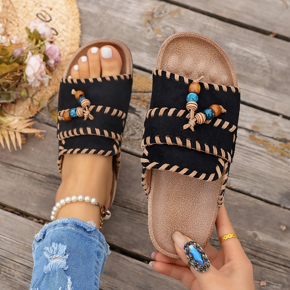 Dame Boho Sommer Pantoletten – Komfortable håndlavede slides til fritid og ferie