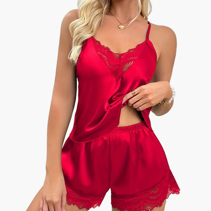 Dame sexet pyjamasæt med blonder, V-udskæring, todelt, til forår og sommer, nattøj