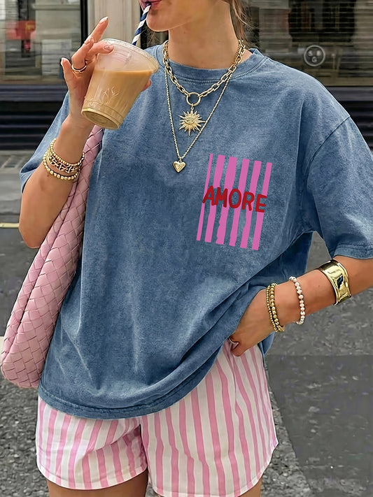 Dames Oversized T-shirt met print "AMORE" en strepen – Casual zomerstijl