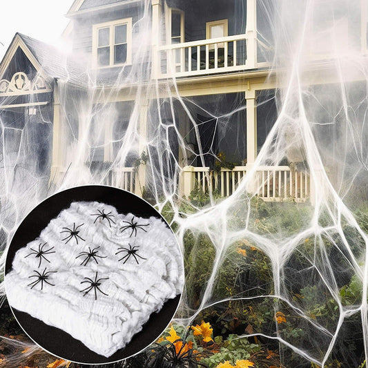 Halloween spindelnätsdekoration med plastspindlar – Perfekt kuslig dekoration för hus & trädgård