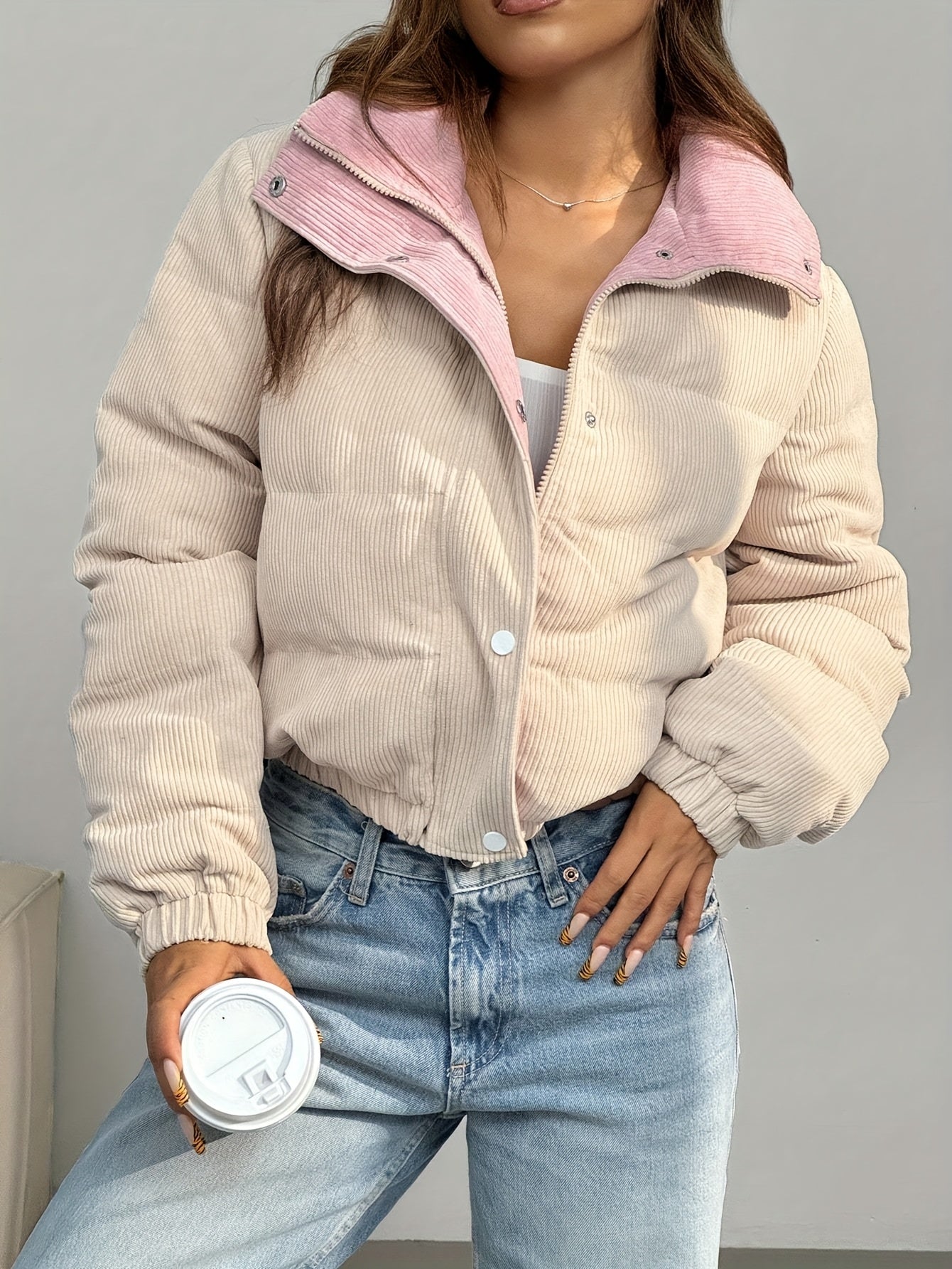 Cord Steppjacke Beige mit Rosa Kragen Damen Kurz
