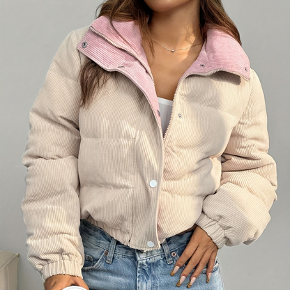 Cord Steppjacke Beige mit Rosa Kragen Damen Kurz