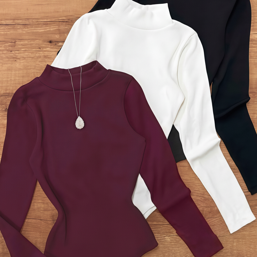 Langærmet damebody med rullekrave, slim fit og ribstruktur, basistrøje