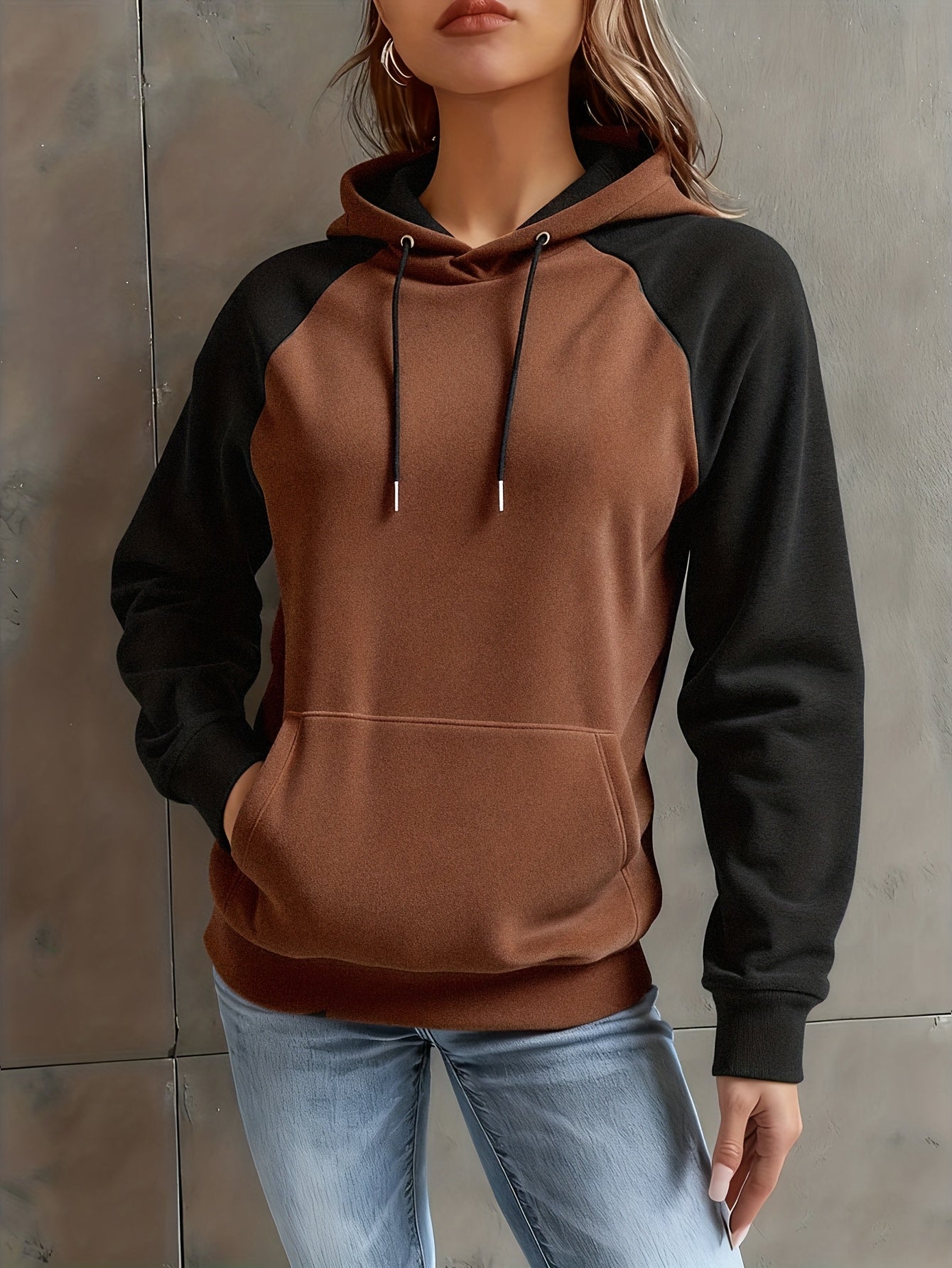 Hoodie Raglan Zweifarbig Braun Schwarz Damen Kapuzenpullover Kängurutasche