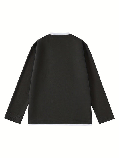 Suéter de punto de gofre para hombre, con escote en V, mangas largas y color liso