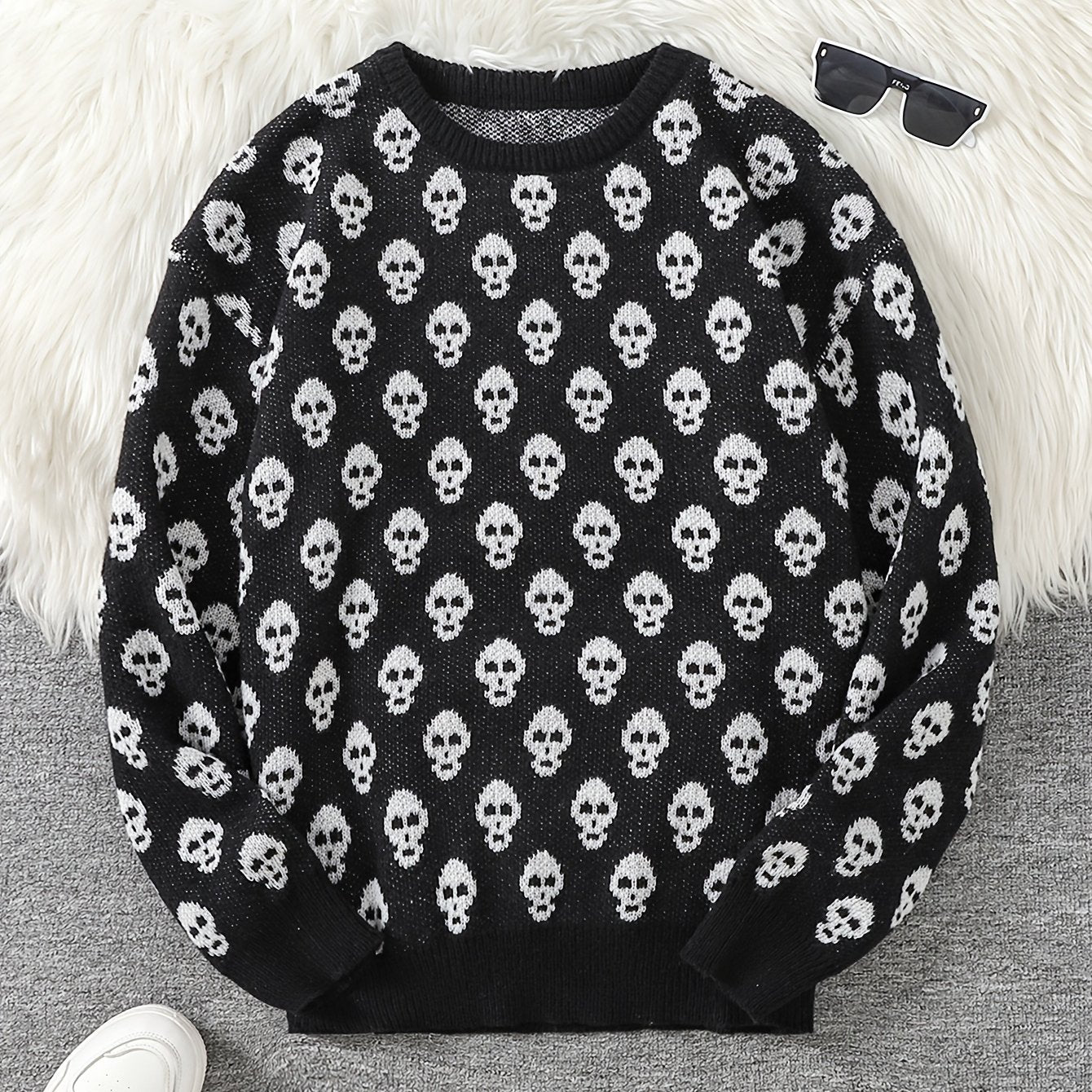 Jersey de punto unisex con cuello redondo, estampado de calavera y manga larga
