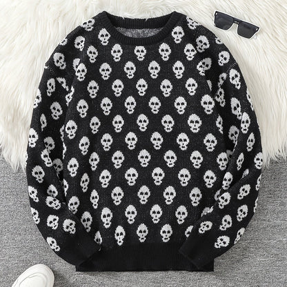 Jersey de punto unisex con cuello redondo, estampado de calavera y manga larga