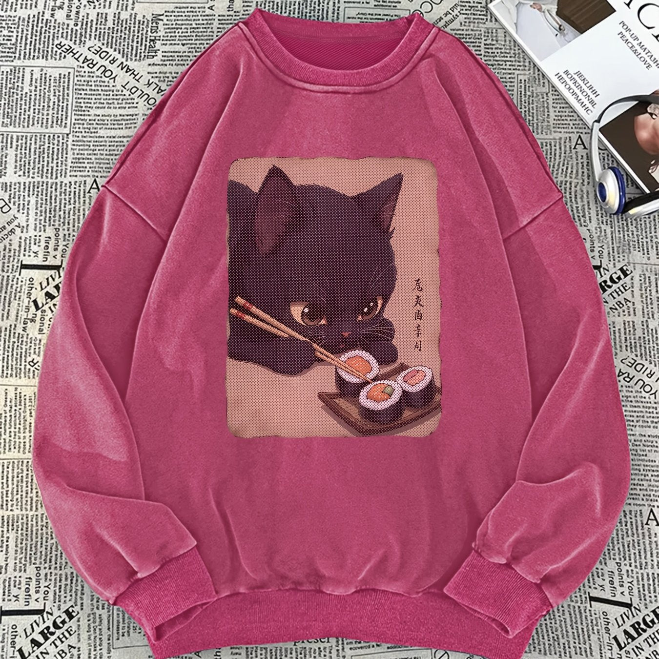 Felpa unisex con stampa di gatti e sushi, pullover girocollo dall’aspetto vintage