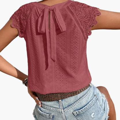 Damen Spitzenbluse mit Rückenschleife und Häkelärmeln – Sommer Casual Oberteil