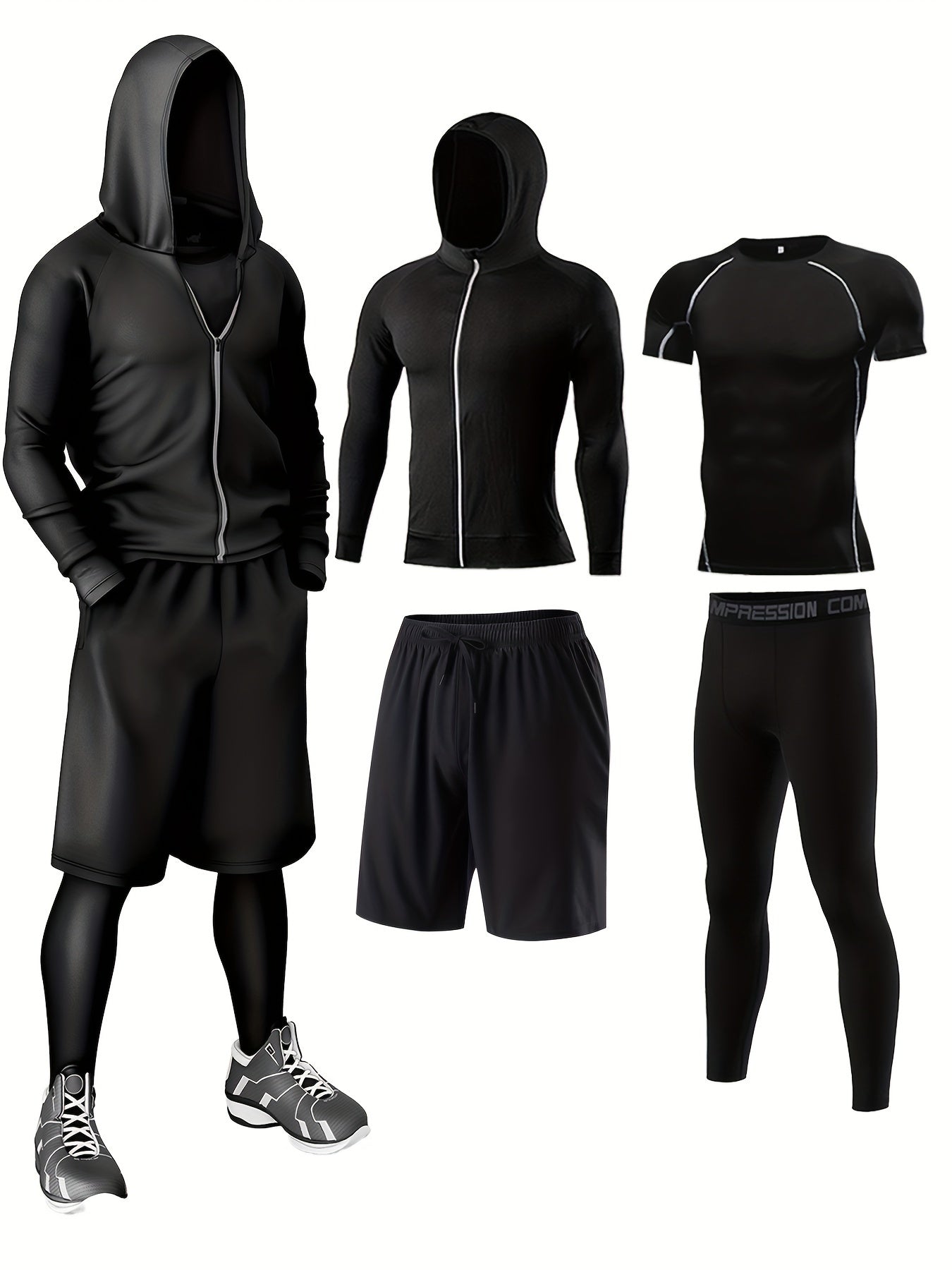 Herren Sport Kompressions-Trainingsanzug Set – 5-teiliges Fitness & Lauf Outfit – Modernes Trainingsset für Workout & Outdoor
