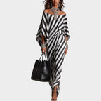 Gestreepte off-shoulder maxi-jurk voor dames met strikceintuur