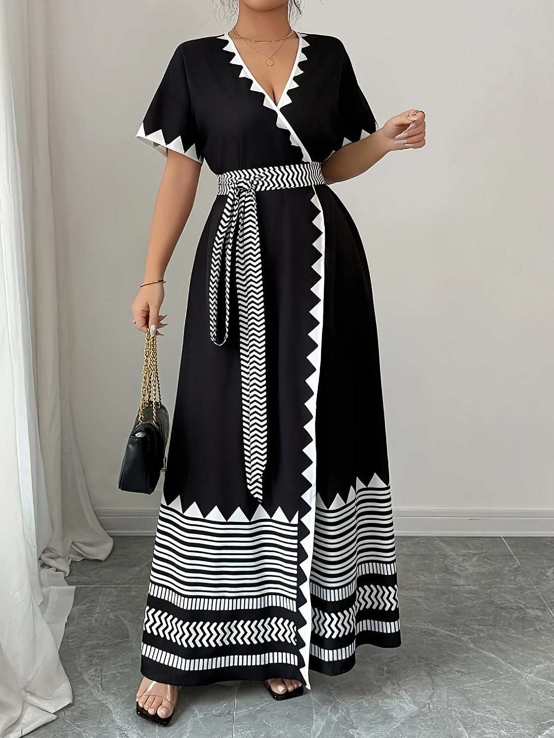 Damen Maxi Wickelkleid mit grafischem Muster und Gürtel – Elegantes Sommerkleid für festliche Anlässe