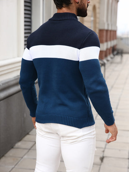 Herren Strickpullover Blockfarben Zopfmuster Stehkragen Knopfleiste