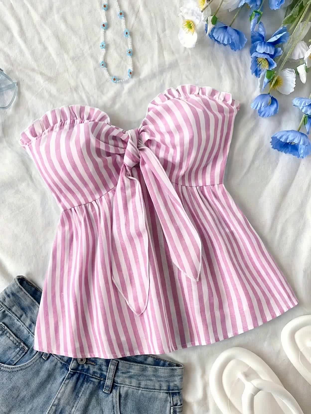 Damen Bandeau Top mit Schleifen-Detail und Streifen – Modisches Sommer Oberteil für Freizeit und Urlaub