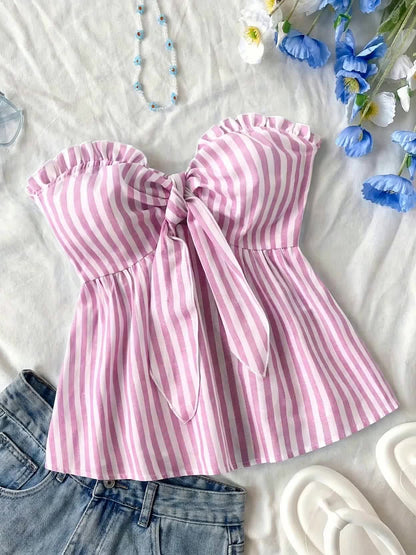 Damen Bandeau Top mit Schleifen-Detail und Streifen – Modisches Sommer Oberteil für Freizeit und Urlaub