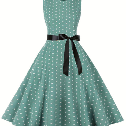 Damen Vintage Polka Dot Fit & Flare Partykleid mit Gürtel, ärmellos, Retro Sommerkleid