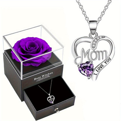 Damen Schmuckset Herz Halskette mit Anhänger 'Mom I Love You' und Geschenkbox mit Ewiger Rose – Elegantes Muttertagsgeschenk