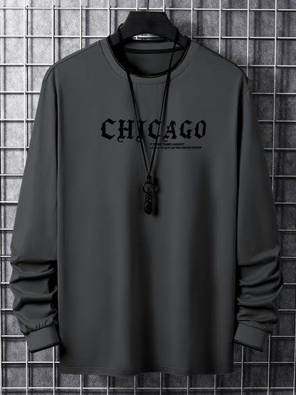 Herren Langarmshirt mit Chicago-Schriftzug und Rippbündchen, Rundhalsausschnitt